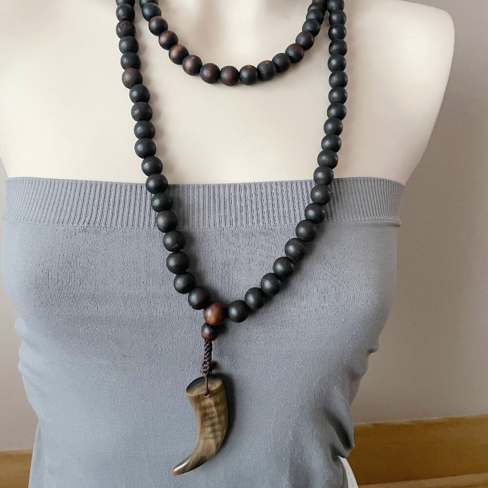 Anthropologie Boho Extra Long Natural Wood Beads Horn Pendant Necklace